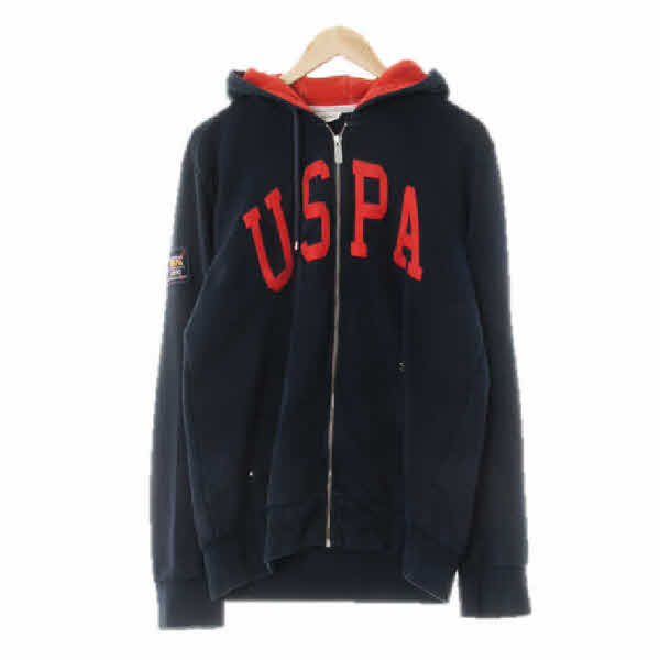 uspa 네이비레드 자수패턴 면혼방 긴팔후드집업