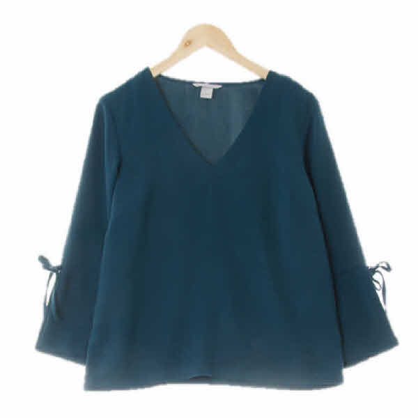 h&m 피콕그린 소매슬릿브이넥두겹블라우스