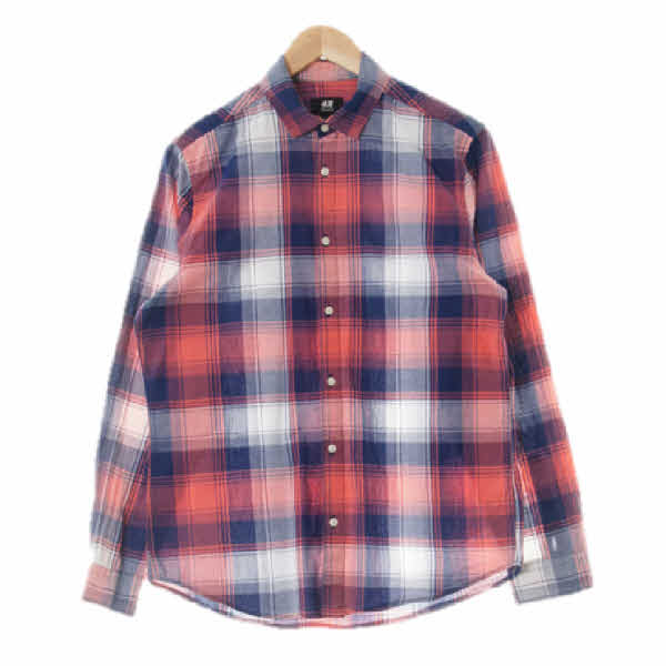 h&m 핑크네이비 체크 면 레귤러핏긴팔셔츠