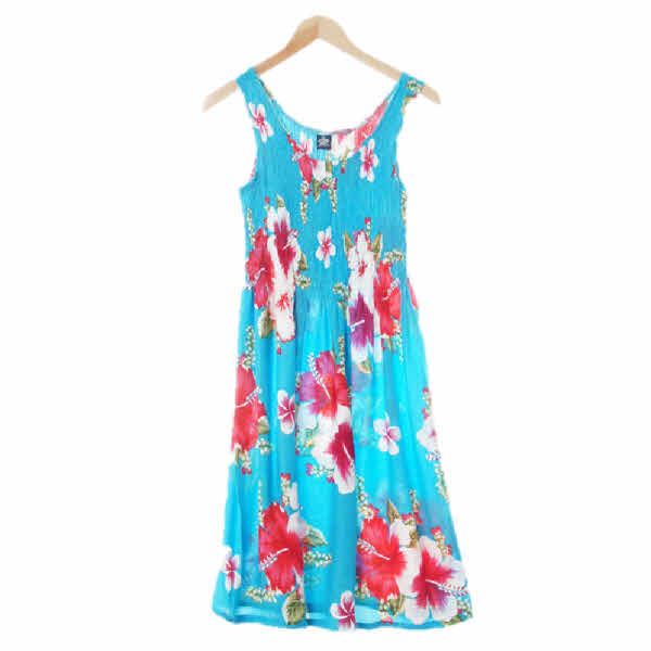 hibiscus collection Hawaii 브라이트셀룰리안블루 플라워패턴 하프주름하와이안민소매원피스 