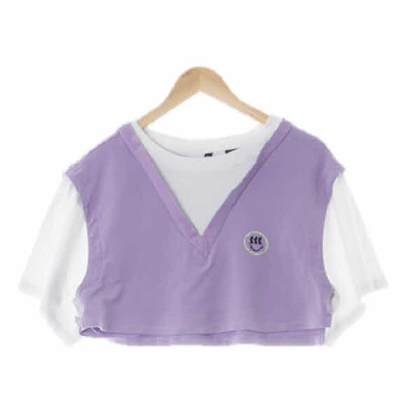 h&m 라일락화이트 면혼방 레이어드스타일크롭반팔티