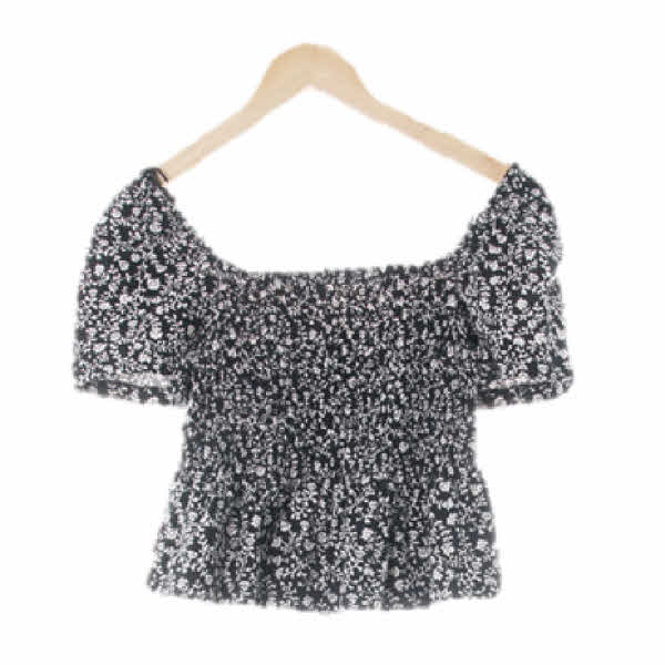h&m 블랙 플라워식물패턴 면 소매퍼프스퀘어넥숏블라우스