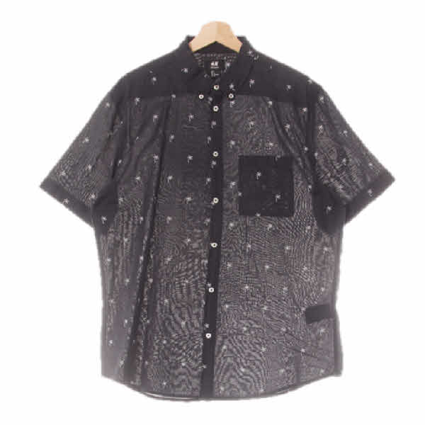 h&m 더스티블랙 야자수자수패턴 면 레귤러핏반팔쿨셔츠