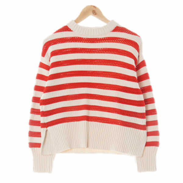 h&m 버터아이보리레드 스트라이프 면혼방 펀칭루즈트임긴팔니트