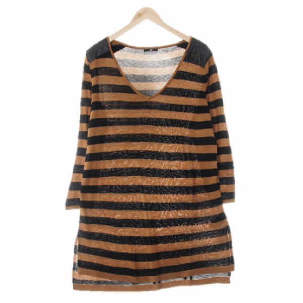 h&m 다크황토브라운블랙 스트라이프 비스코스혼방 레더배색딥브이넥니트원피스 