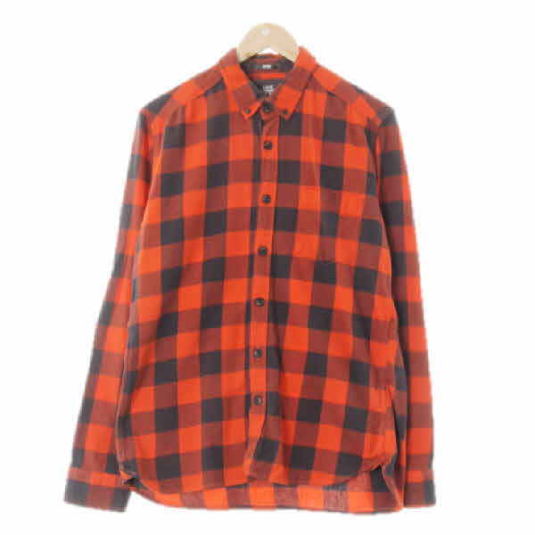 h&m 핫오렌지다크그레이 체크 면 긴팔핏티드셔츠