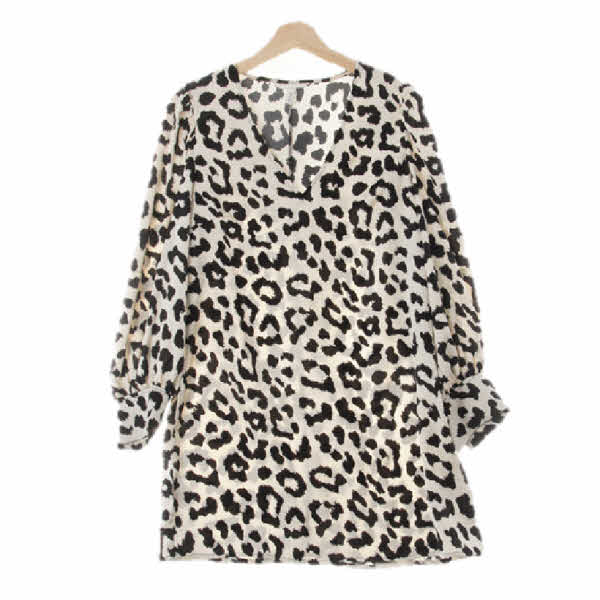 h&m 아이보리블랙 레오파드 브이넥퍼프새틴원피스