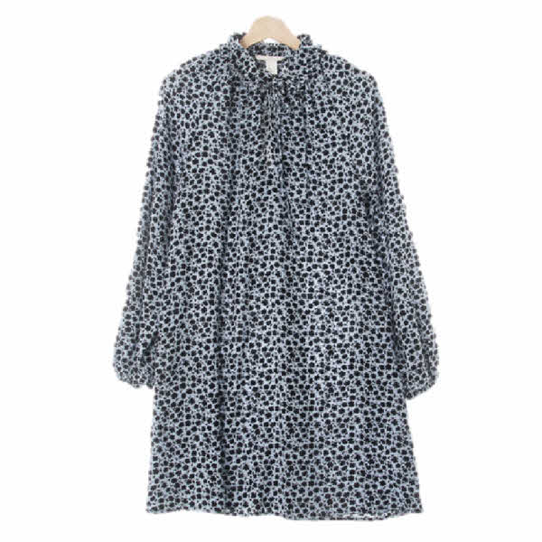 h&m 블루블랙 잔꽃패턴 슬릿셔링넥원피스