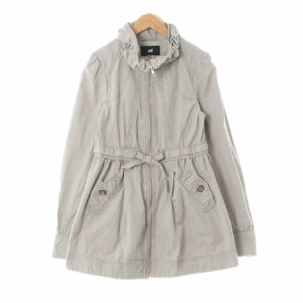 h&m 베이지 면 셔링하이넥집업트렌치코트