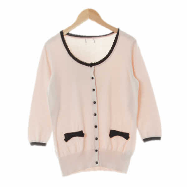 h&m 망가노칼싸이트핑크 면혼방 배색리본물결넥8부가디건 