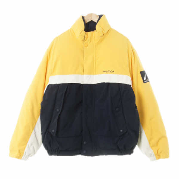 nautica 옐로우화이트네이비 하이넥블럭숏빈티지패딩 