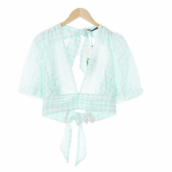 자라 민트화이트 체크 면혼방 소매퍼프백리스커버업블라우스