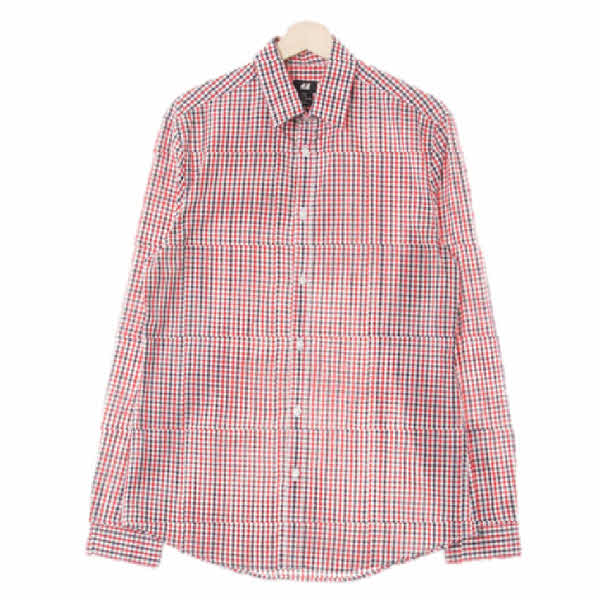 h&m 레드네이비 체크 면혼방 긴팔셔츠