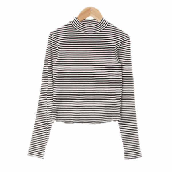 Forever21 화이트블랙 스트라이프 면혼방 하프넥슬림골지라운딩긴팔티