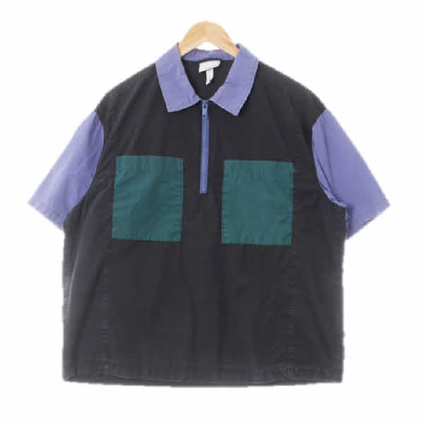 h&m 블랙그린라일락 면 삼색반집업반팔셔츠