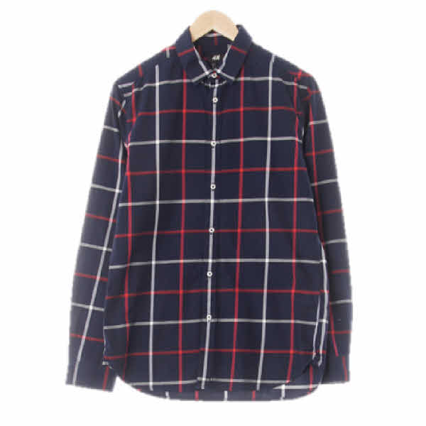 h&m 다크네이비크림슨레드 체크 면 긴팔셔츠
