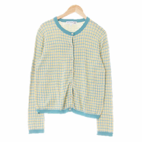 유니클로 다크에메랄드옐로우 체크 면 라운드넥숏가디건