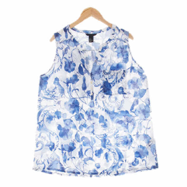 h&m 화이트블루 플로럴패턴 슬릿카라포켓민소매블라우스