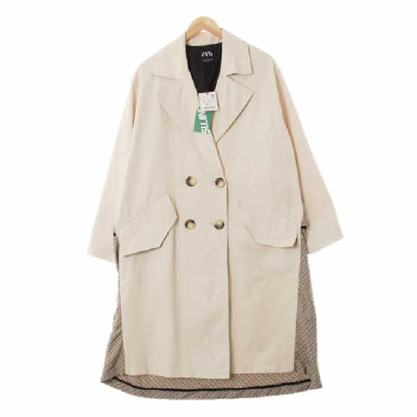 자라 아이보리브라운 체크 면혼방 빅카라루즈배색더블코트