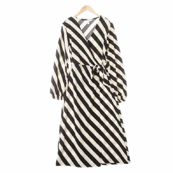 h&m 아이보리블랙 사선스트라이프 퍼프랩티드맥시원피스