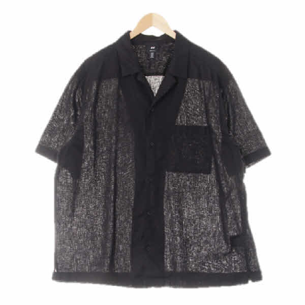 h&m 블랙 린넨혼방 슬릿카라루즈반팔셔츠