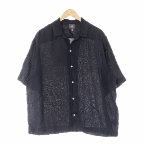 h&m 다크네이비 린넨 워싱슬릿카라반팔셔츠