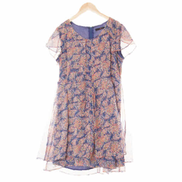닥스 페르시안쥬얼블루오렌지 추상플로럴패턴 쉬폰캡소매원피스