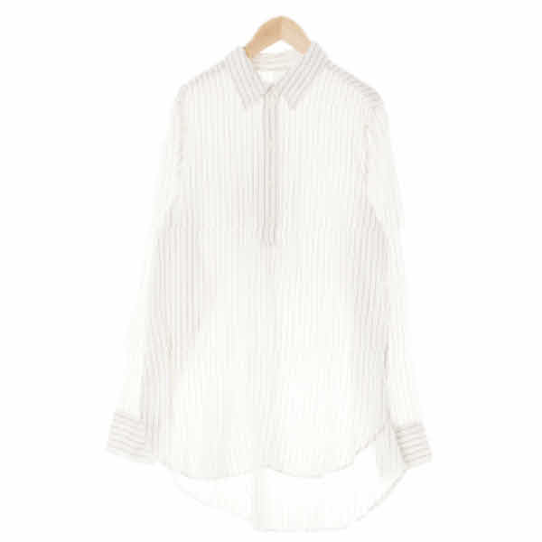 h&m 화이트차콜 스트라이프 비스코스혼방 하프버튼긴팔롱블라우스