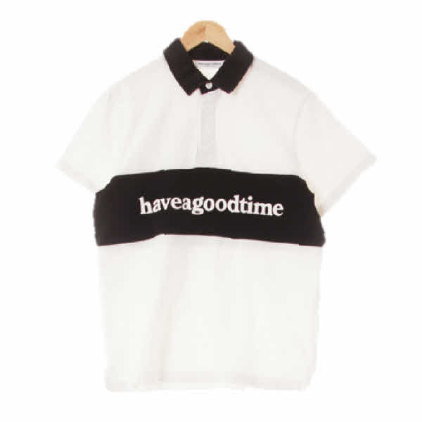 Haveagoodtime 브라이트화이트블랙 면 투톤레터링로고반팔카라티