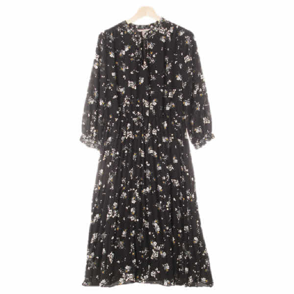 h&m 블랙 꽃다발패턴 라운드넥플리츠맥시원피스