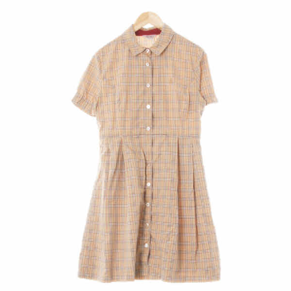 bcbg 다크베이지 체크 면혼방 주름반팔셔츠원피스