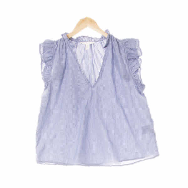 h&m 블루 스트라이프 면 러플캡소매브이넥블라우스