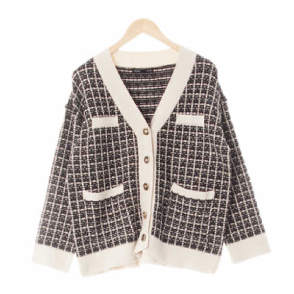 mixxo 블랙아이보리 체크 금장버튼포켓배색가디건