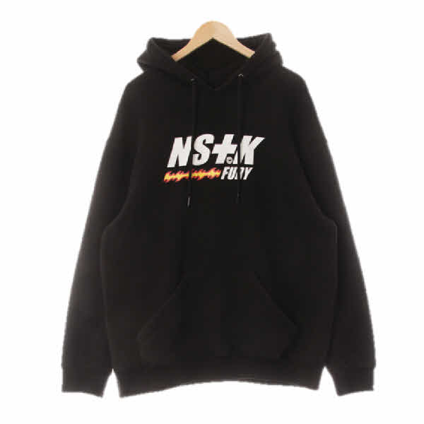 NS+K 블랙 프린팅 면 볼드레터링드롭숄더후드티