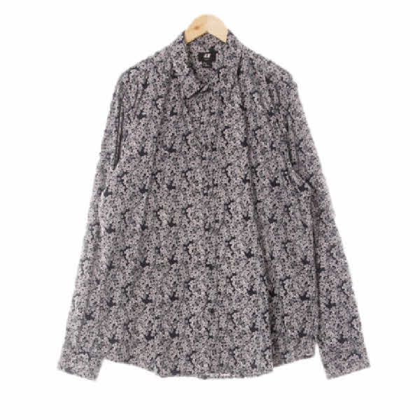 h&m 네이비 잔꽃패턴 면혼방 스트레치긴팔셔츠