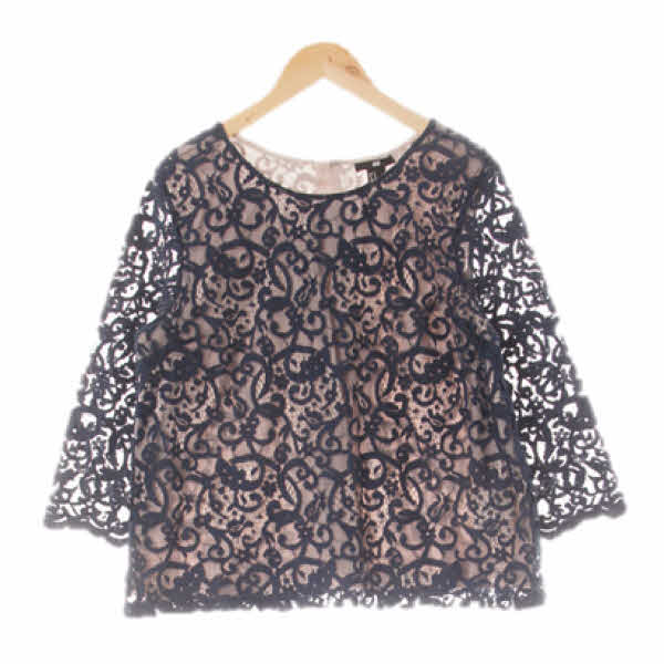h&m 네이비베이지 면혼방 소매시스루백버튼블라우스