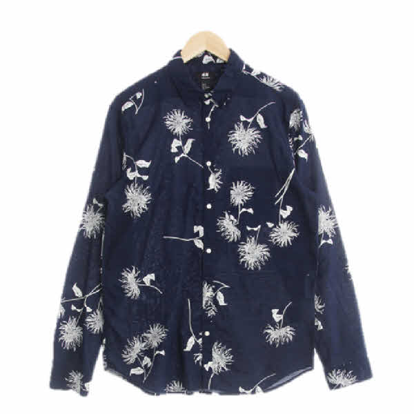 h&m 네이비 민들레패턴 면 포켓긴팔셔츠