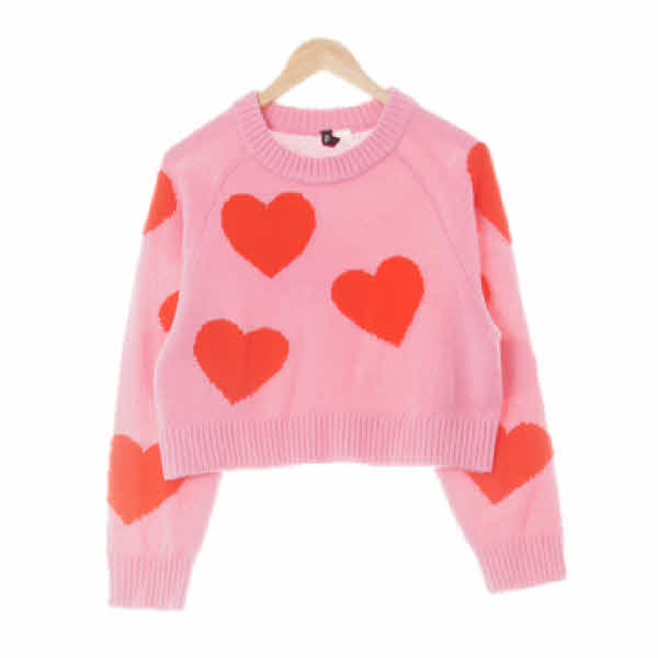 h&m 핑크레드 빅하트패턴 나그랑와이드세미크롭스웨터