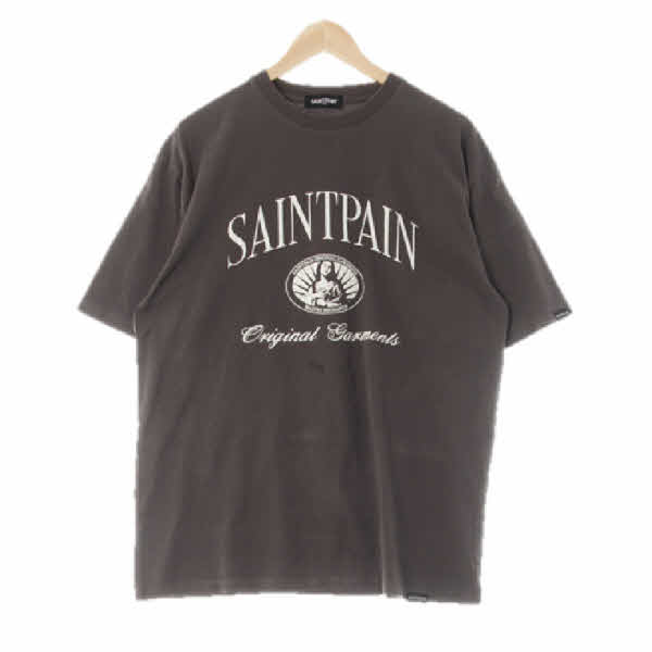 Saintpain 다크차콜 프린팅 면 라운드반팔티