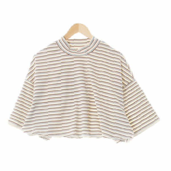 missguided 아이보리슈가브라운 스트라이프 크롭반목드롭숄더반팔티