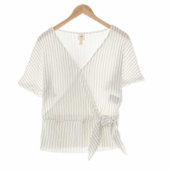 h&m 화이트블랙 삼중스트라이프 브이넥랩타이블라우스 