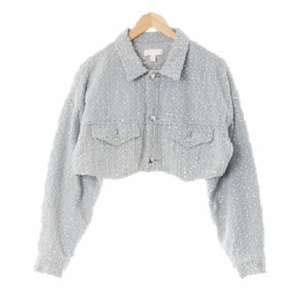 h&m 라이트데님블루 데미지스트라이프 면 비즈크롭숏자켓 