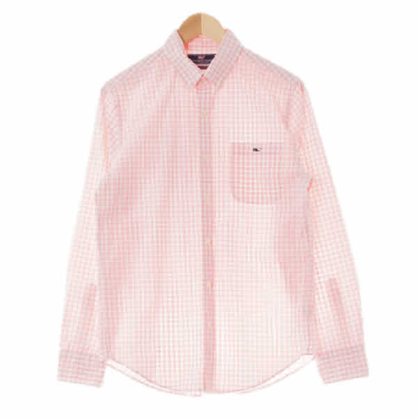 vineyardvines 핑크 체크 면 고래자수포켓긴팔셔츠 