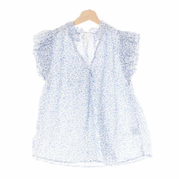 h&m 블루 잔꽃덤블패턴 면 프릴캡슬리브블라우스 