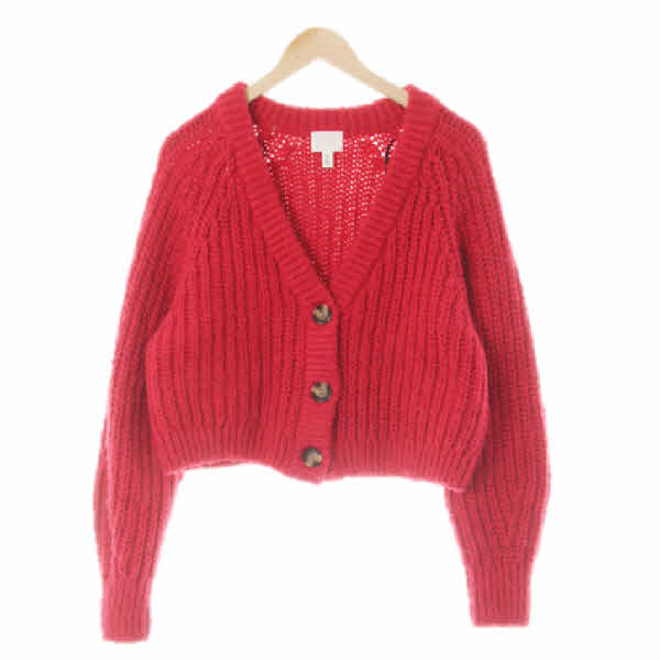 h&m 페스티벌푸시아핑크 울혼방 벌키리브숏가디건
