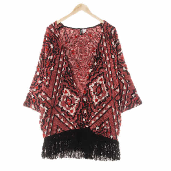 h&m 레드페어블랙 에스닉자카드패턴 면혼방 보헤미안오픈형프린지가디건