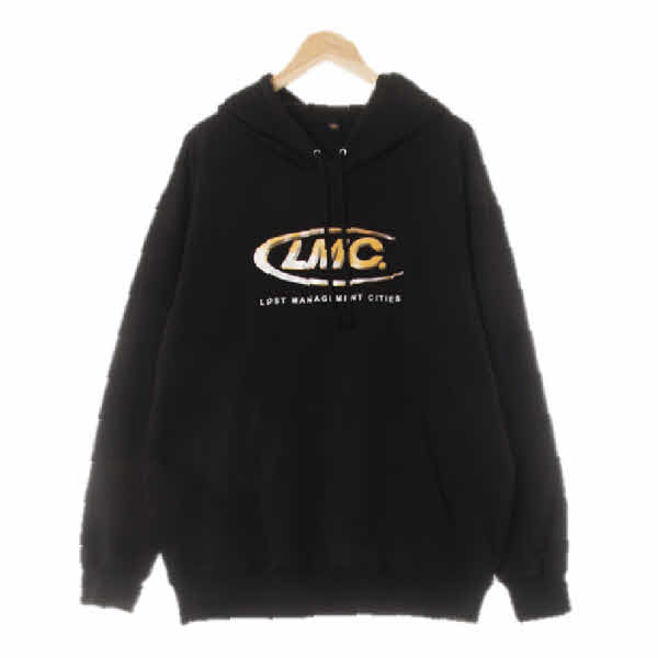 lmc 블랙 프린팅 면혼방 드롭숄더포켓후드티