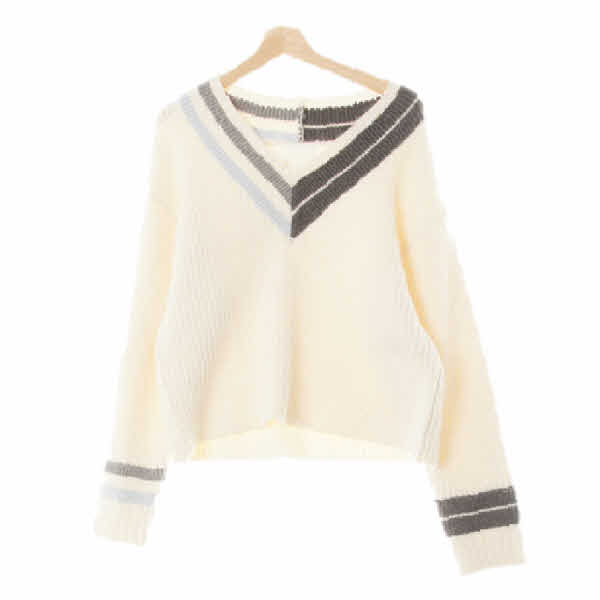 h&m 크림콰이어트그레이 배색립라인브이넥스웨터