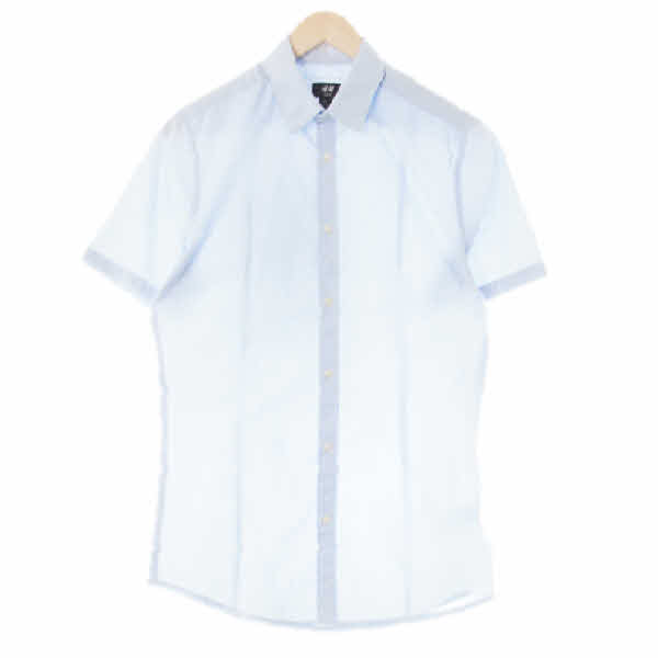 h&m 클린블루 면혼방 이지아이론심플반팔셔츠