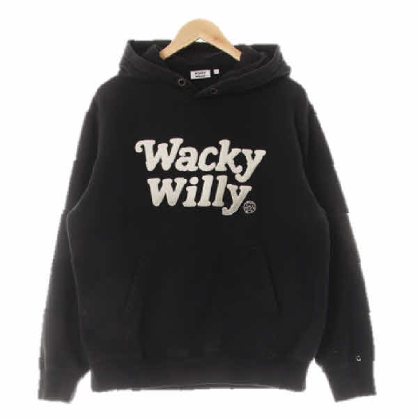 wacky willy 블랙 면혼방 부클레터링포켓후디
